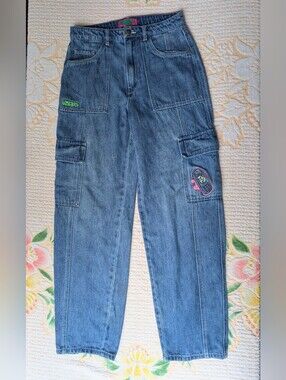 Empyre Blue Denim Cargo Jeans with Green Logo & Pink Patch